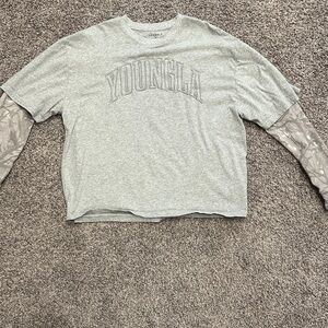 YoungLA Light Gray Kids Tee with Camouflage Sleeves